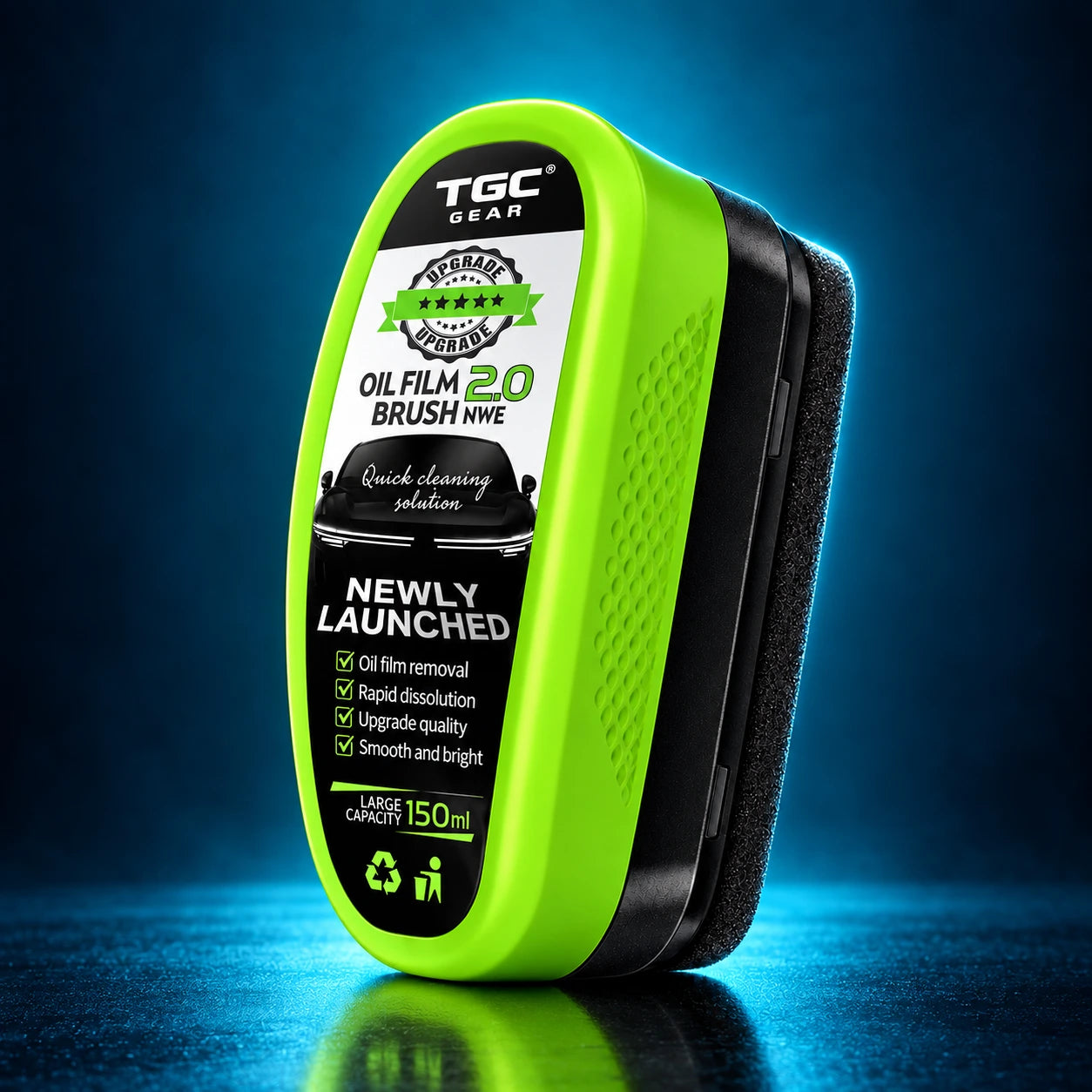 A bright neon green and black TGC Gear Oil Film 20 Brush Wipe, packaged in a hard case with a foam applicator sponge, set against a dark blue background with a blue glow.