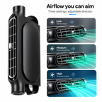 The NivoDrive rear-seat fan beside its three airflow settings: Low for a gentle breeze, Medium for refreshing airflow, and High for powerful cooling.