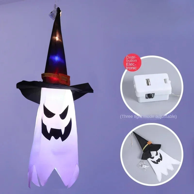 Light-Up Hanging Ghosts – witch hat ghost with multicolor light and its battery box