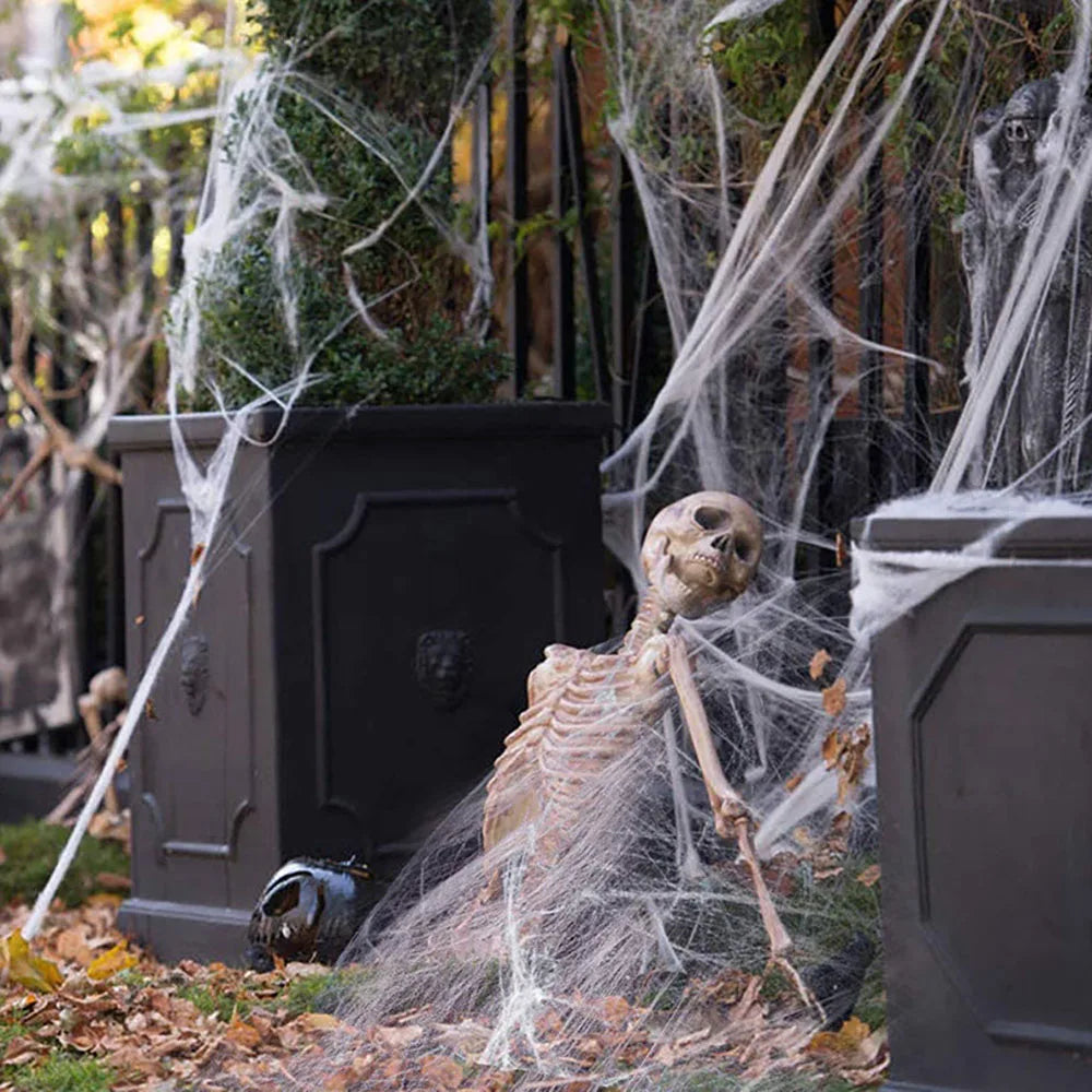 Stretchy Spider Web – skeleton sitting in white cobwebs between planters