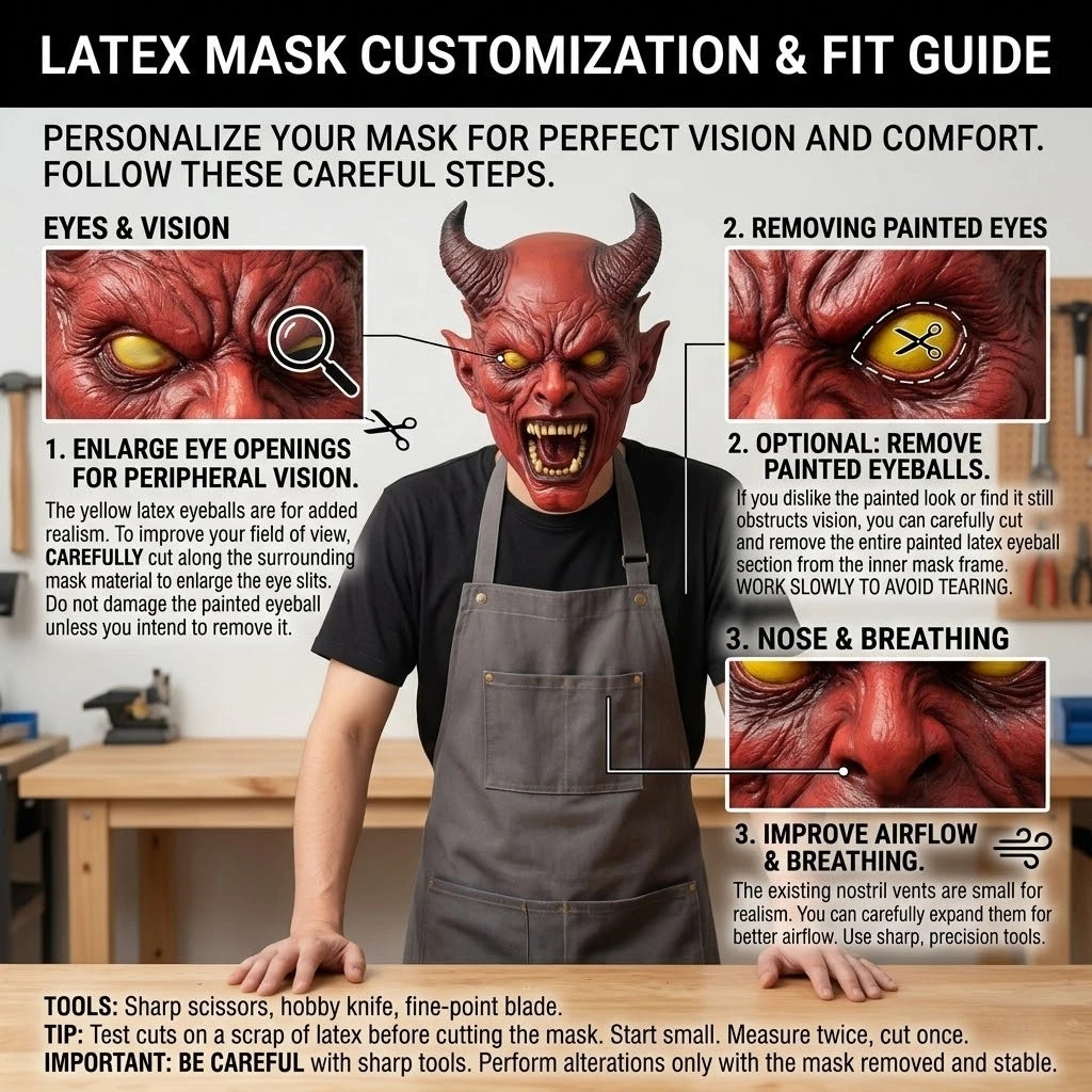 Horned Demon Latex Mask – fit guide showing how to enlarge the eye openings, remove the painted eyeballs and improve nose airflow