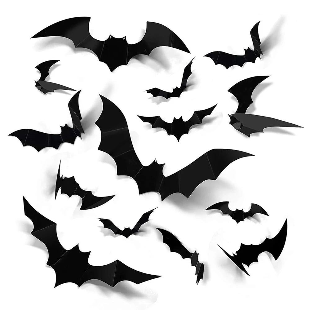 Halloween Bat Wall Decor – assorted black 3D bat stickers in different sizes on a white background