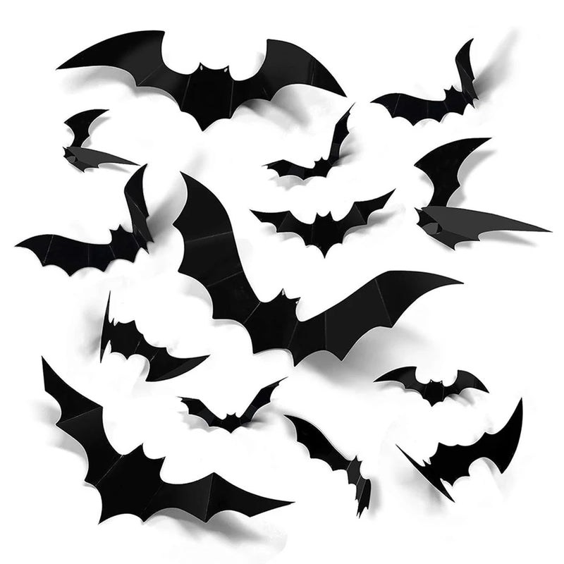 Halloween Bat Wall Decor – assorted black 3D bat stickers in different sizes on a white background