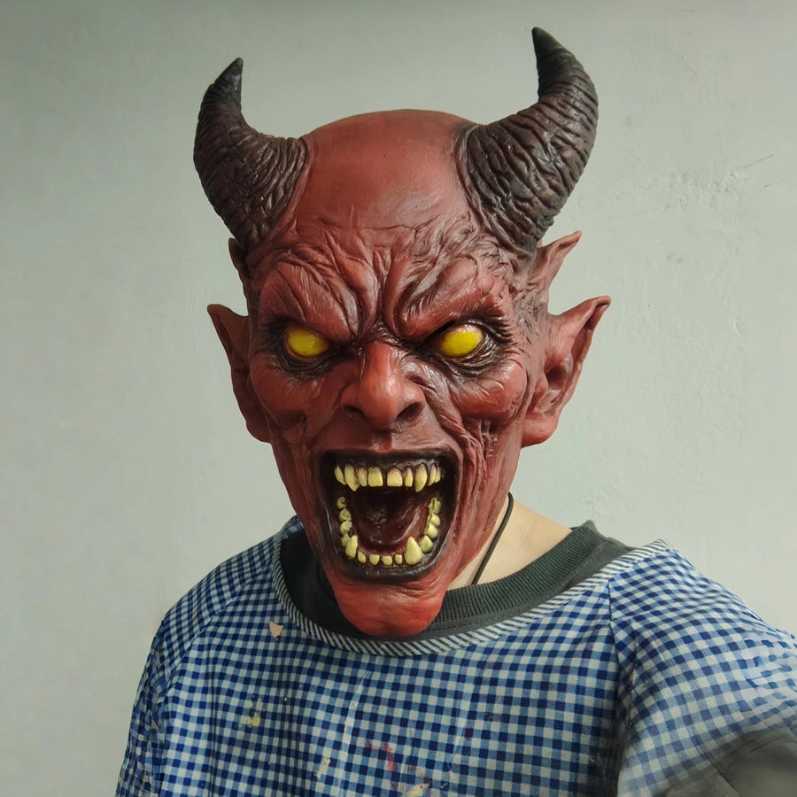 Horned Demon Latex Mask – unretouched real photo of the mask worn by a man in a checkered shirt, front view