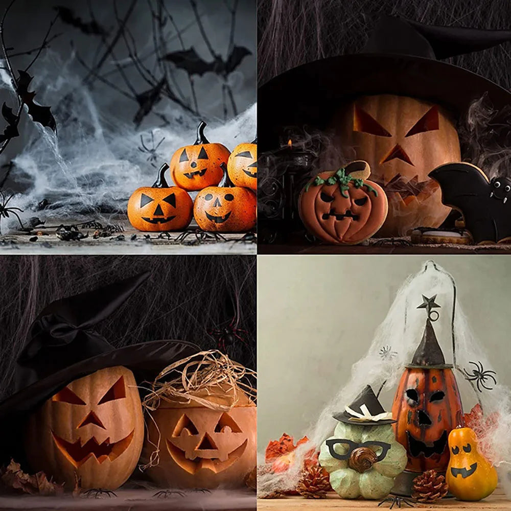 Stretchy Spider Web – jack-o'-lanterns decorated with cobwebs, four scenes