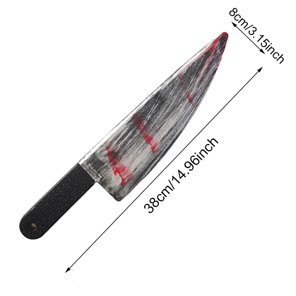 Bloody Knife Prop – Splatter Butcher Knife, 15 × 3.1 in (38 × 8 cm), blood-splatter blade and plain black grip