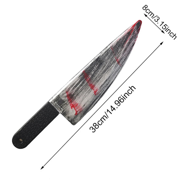 Bloody Knife Prop – Splatter Butcher Knife, 15 × 3.1 in (38 × 8 cm), blood-splatter blade and plain black grip