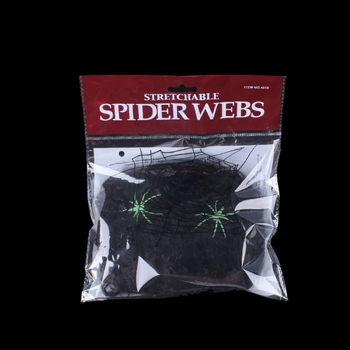 Stretchy Spider Web – black web in its bag with small plastic spiders