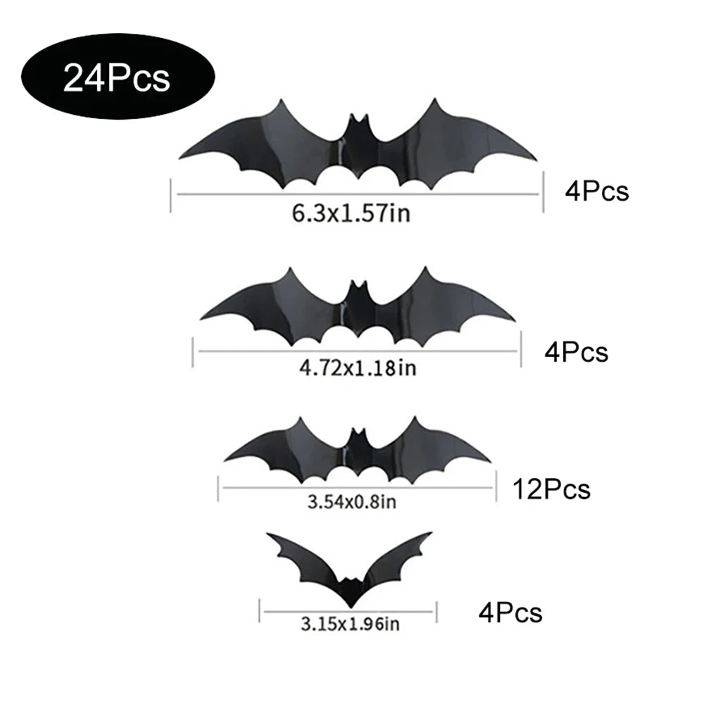 Halloween Bat Wall Decor – 24-piece pack: 4 × 6.3 in, 4 × 4.72 in, 12 × 3.54 in and 4 × 3.15 in bats