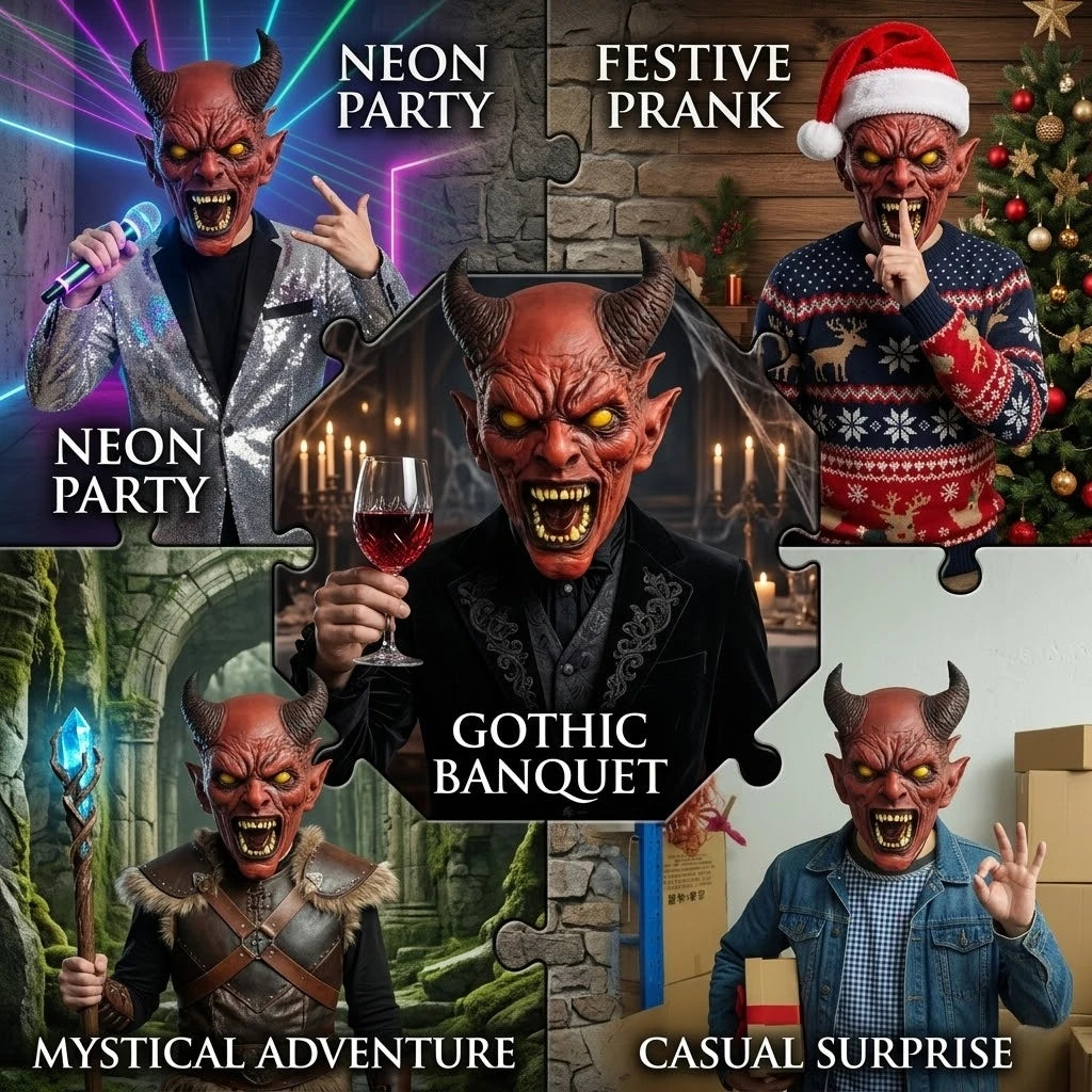 Horned Demon Latex Mask – collage of party scenes: neon party, festive prank, gothic banquet, mystical adventure and casual surprise