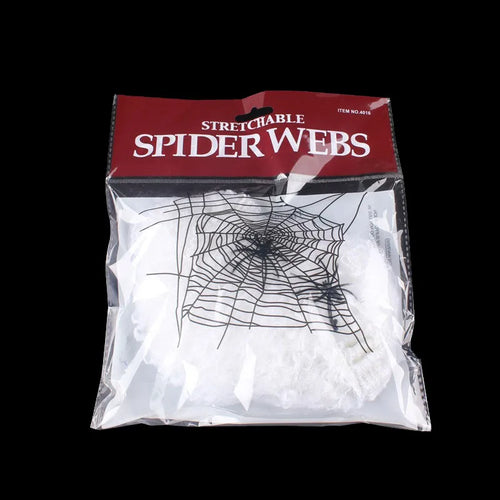 Stretchy Spider Web – white web in its bag with small plastic spiders