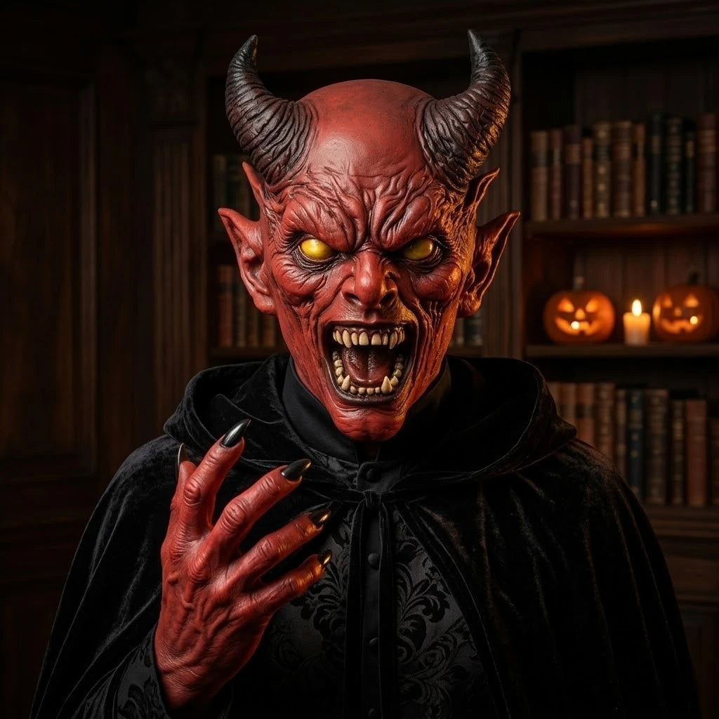 Horned Demon Latex Mask – red horned demon with yellow eyes and a fanged open mouth, worn with a black cloak in a dark library with jack-o'-lanterns
