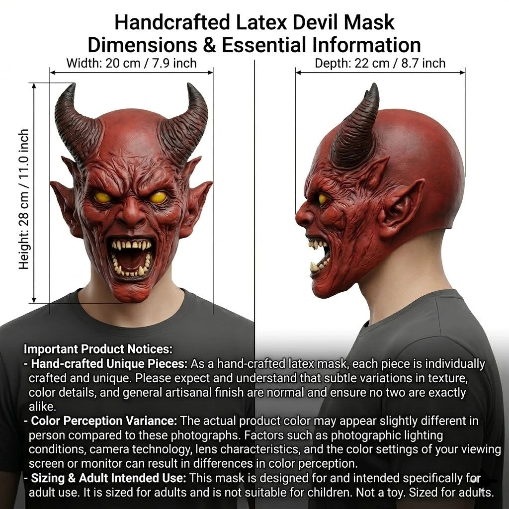 Horned Demon Latex Mask – size chart: 7.9 in (20 cm) wide, 8.7 in (22 cm) deep, 11.0 in (28 cm) tall, front and side views