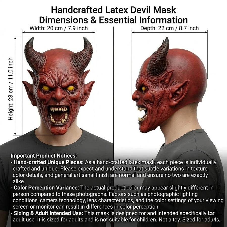 Horned Demon Latex Mask – size chart: 7.9 in (20 cm) wide, 8.7 in (22 cm) deep, 11.0 in (28 cm) tall, front and side views