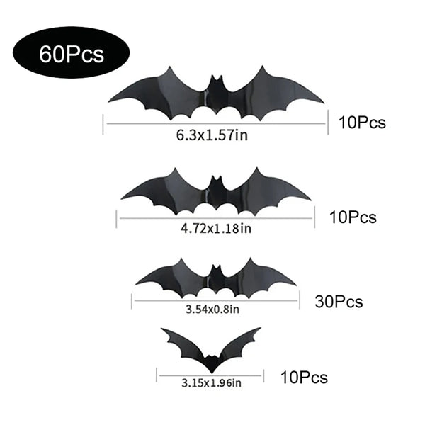 Halloween Bat Wall Decor – 60-piece pack: 10 × 6.3 in, 10 × 4.72 in, 30 × 3.54 in and 10 × 3.15 in bats