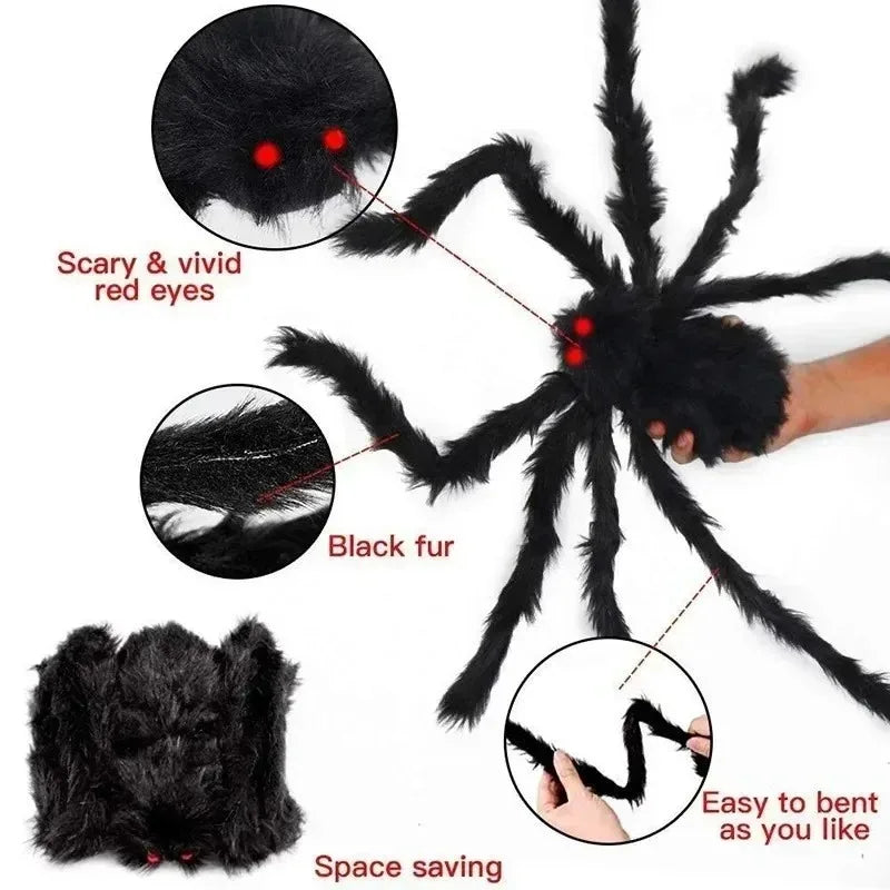 Giant Plush Halloween Spider – red eyes, black fur and bendable legs; folds up to save space