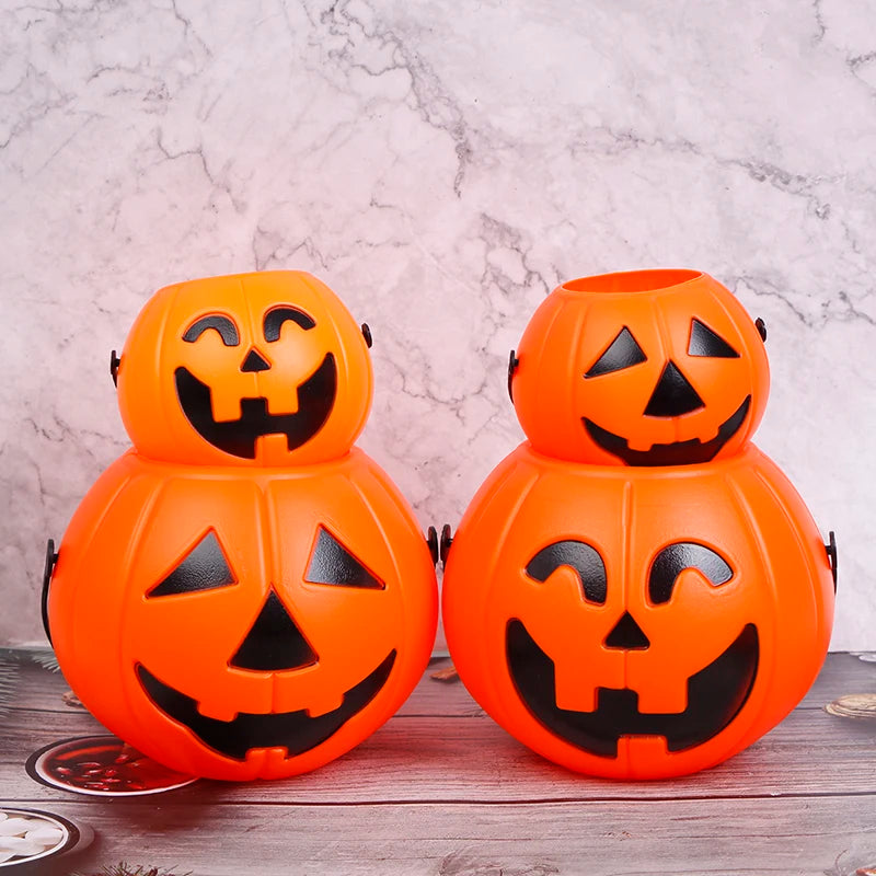 Jack-O'-Lantern Pumpkin Candy Bucket – small buckets stacked on large buckets to compare the two sizes