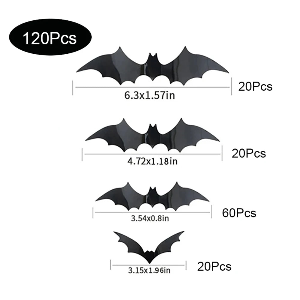 Halloween Bat Wall Decor – 120-piece pack: 20 × 6.3 in, 20 × 4.72 in, 60 × 3.54 in and 20 × 3.15 in bats