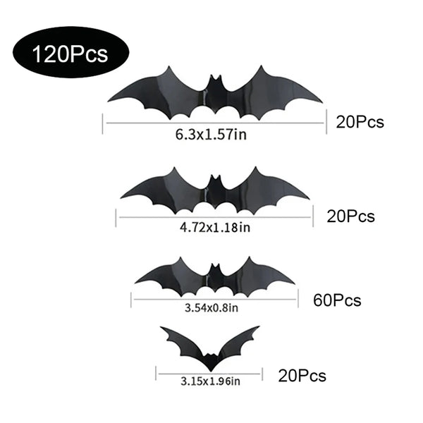 Halloween Bat Wall Decor – 120-piece pack: 20 × 6.3 in, 20 × 4.72 in, 60 × 3.54 in and 20 × 3.15 in bats