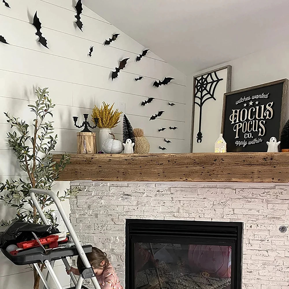 Halloween Bat Wall Decor – black bats flying up a white shiplap wall above a fireplace mantel