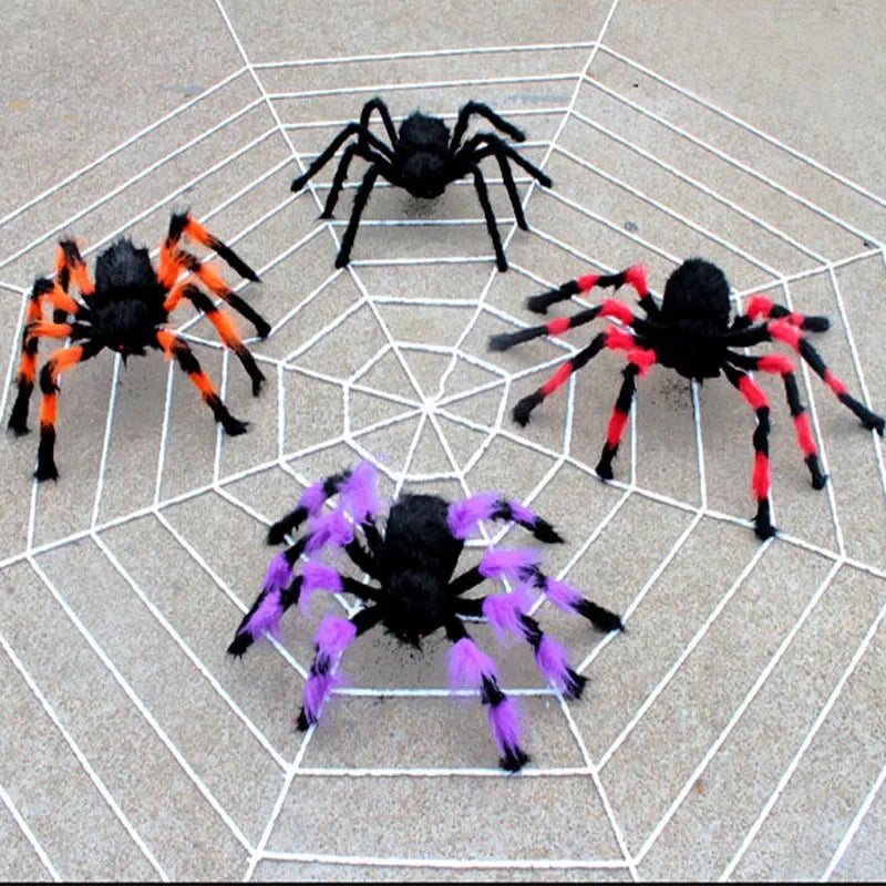 Giant Halloween Spider Web – white web on the ground with colorful plush spiders (spiders sold separately)