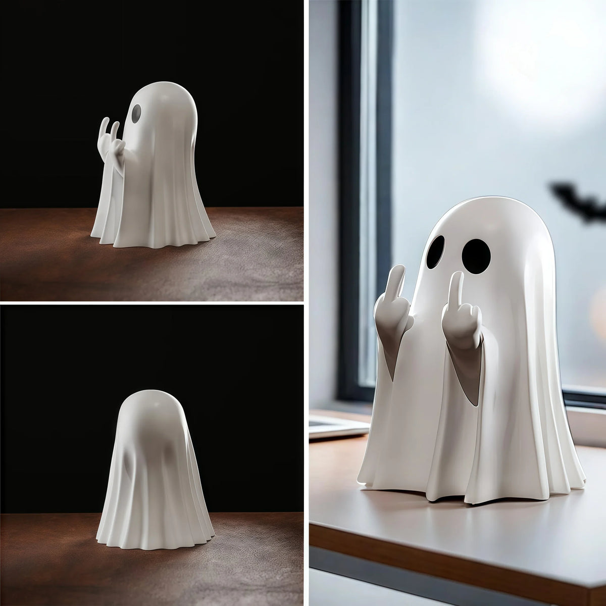 Middle Finger Ghost Figurine – front, back and windowsill views of the white ghost
