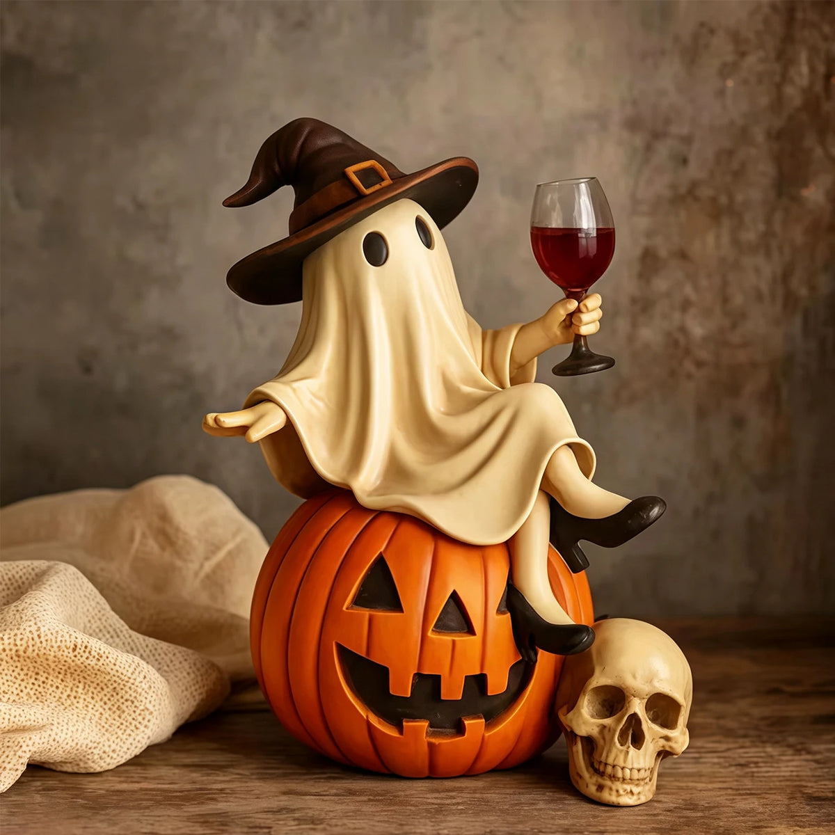 Halloween Ghost Figurine – ghost in a witch hat raising a glass of red wine on a carved jack-o'-lantern, with a skull, on a rustic table