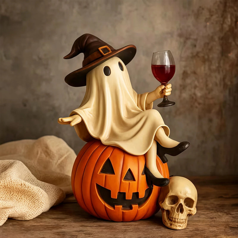Halloween Ghost Figurine – ghost in a witch hat raising a glass of red wine on a carved jack-o-lantern