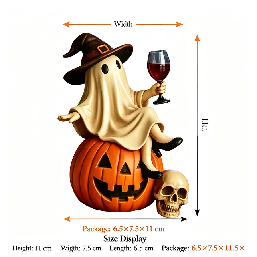 Halloween Ghost Figurine – size chart: 11 cm (4.3 in) tall, 7.5 cm (3.0 in) wide, 6.5 cm (2.6 in) deep