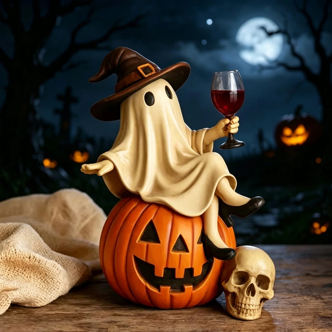 Halloween Ghost Figurine – the figurine in a moonlit night scene with glowing pumpkins