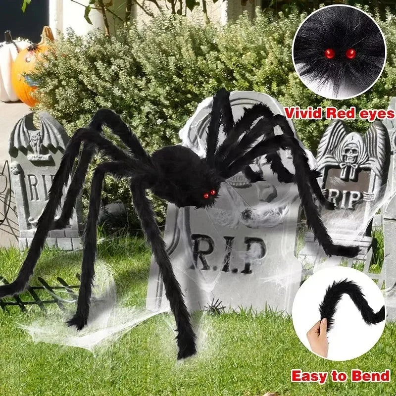 Giant Plush Halloween Spider – black spider on a tombstone in the yard