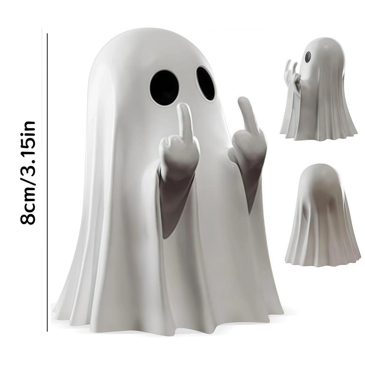 Middle Finger Ghost Figurine – size chart, 8 cm (3.15 in) tall, with side and back views