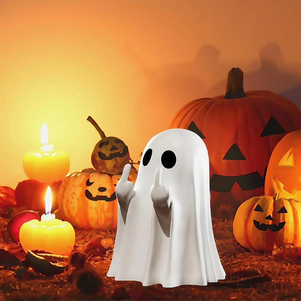 Middle Finger Ghost Figurine – white ghost among jack-o'-lanterns and lit candles
