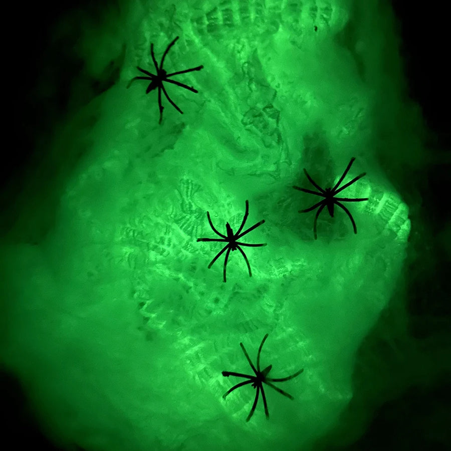 Glow-in-the-Dark Spider Web – close-up of the green glow with small black spiders in the web