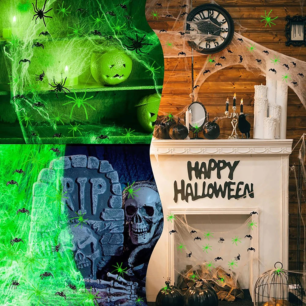 Glow-in-the-Dark Spider Web – glowing cobwebs on shelves, a tombstone and a fireplace, four scenes