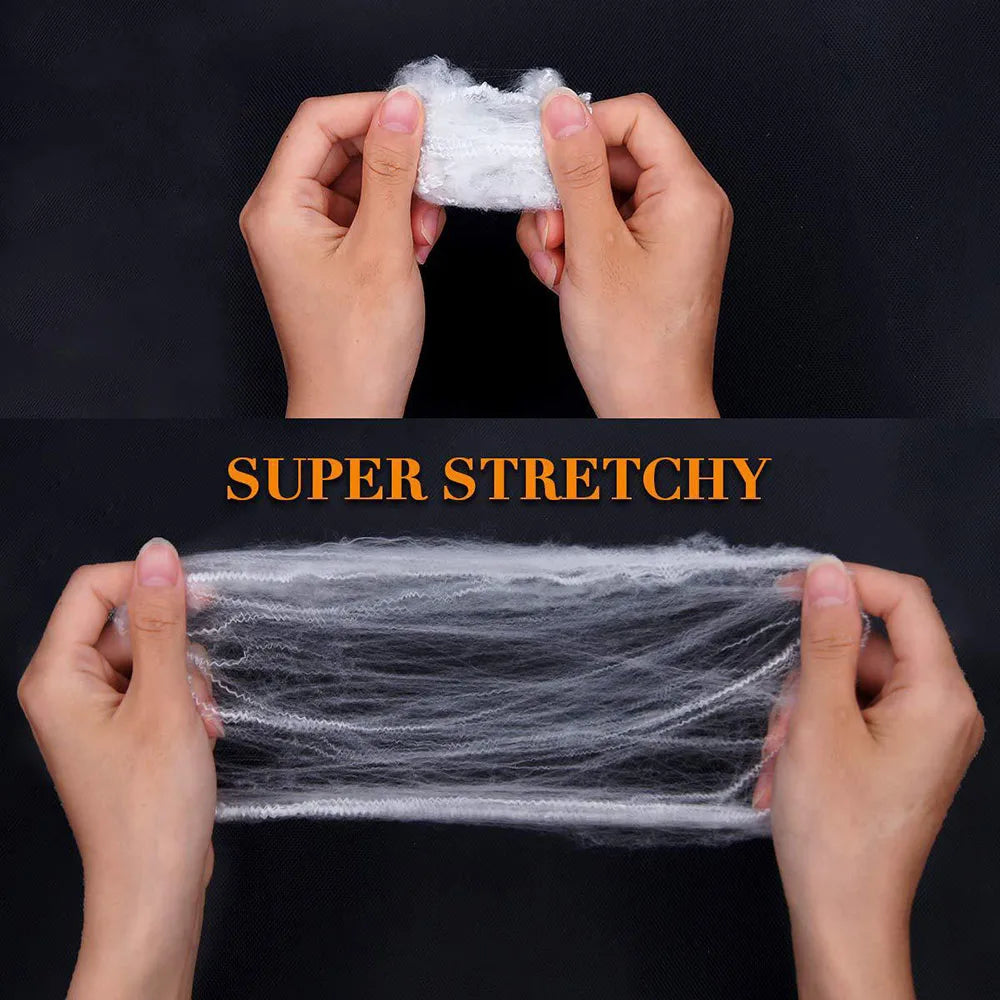 Stretchy Spider Web – hands pulling a small clump of web into a wide stretch