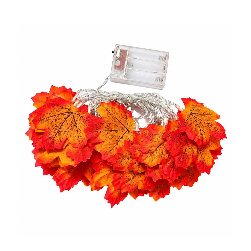 Maple Leaf LED Garland Lights – battery-powered version: coiled garland with a clear 3-slot battery box