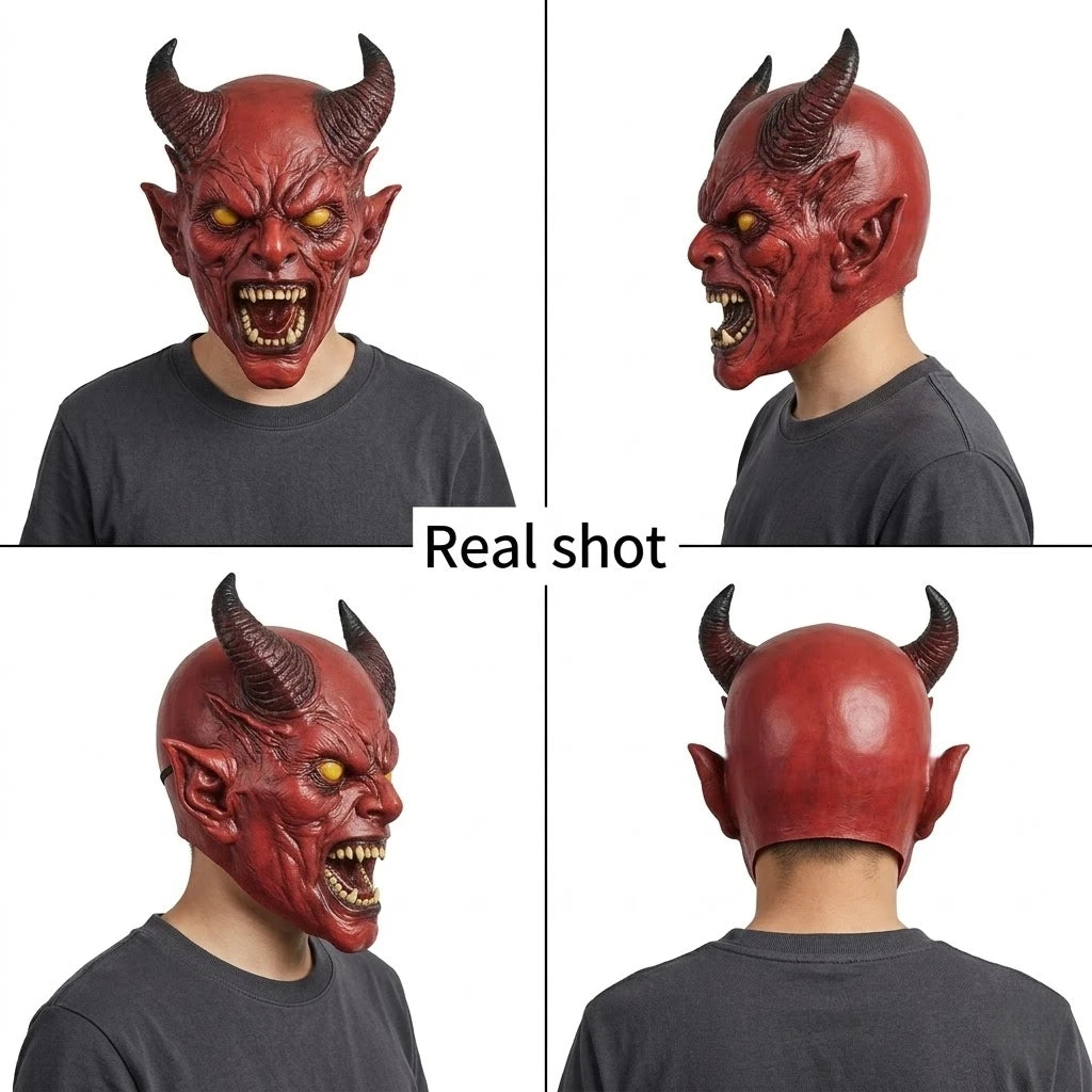 Horned Demon Latex Mask – real photos of the mask worn, shown from the front, side, three-quarter and back