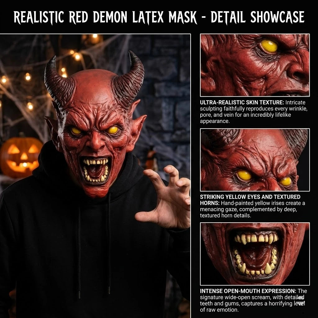 Horned Demon Latex Mask – detail close-ups of the textured skin, yellow eyes, horns and fanged open mouth