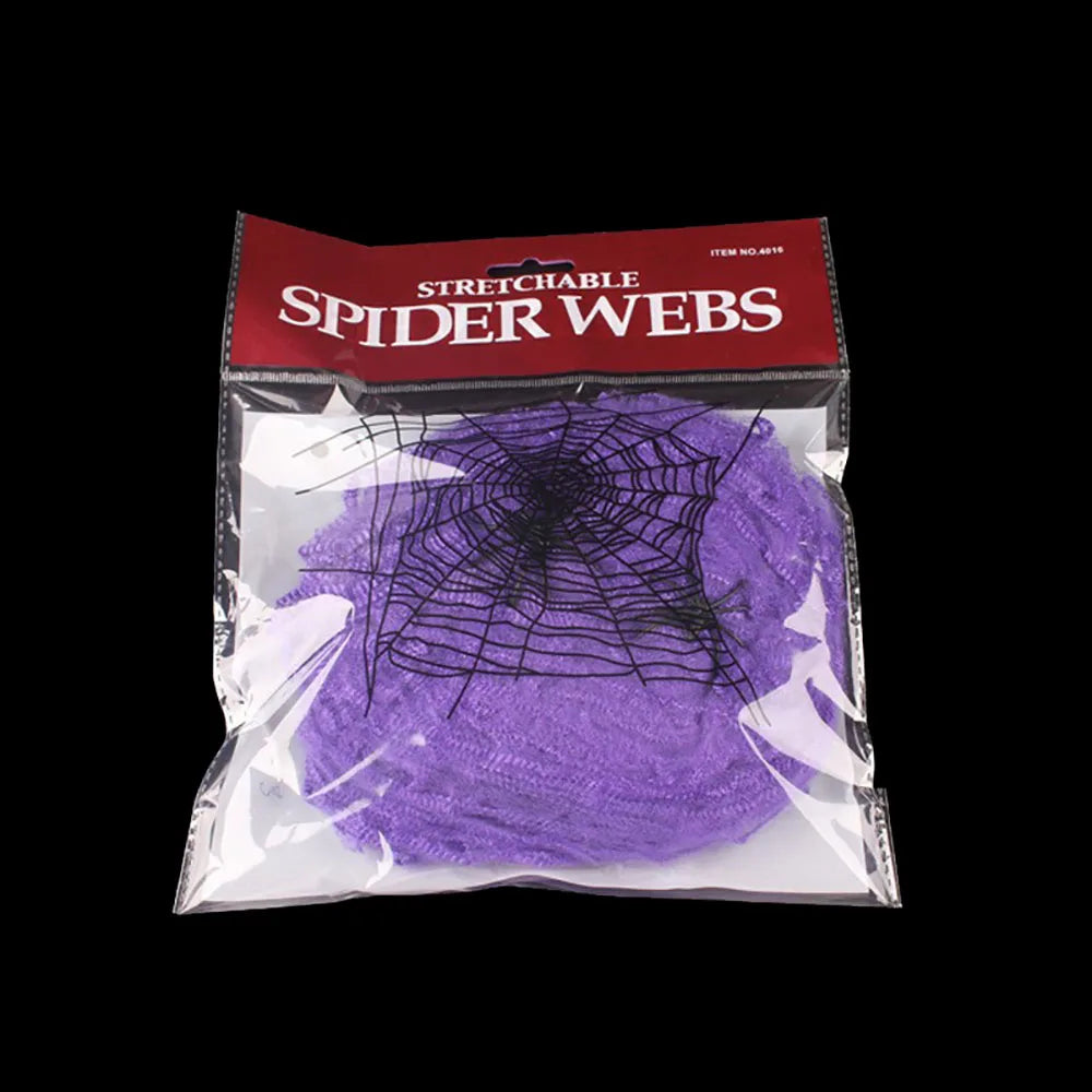 Stretchy Spider Web – purple web in its bag with small plastic spiders