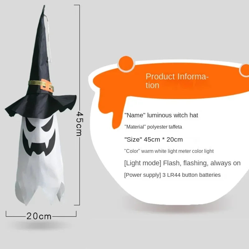Light-Up Hanging Ghosts – witch hat ghost size chart: 45 × 20 cm, polyester taffeta, three light modes, 3 LR44 button batteries