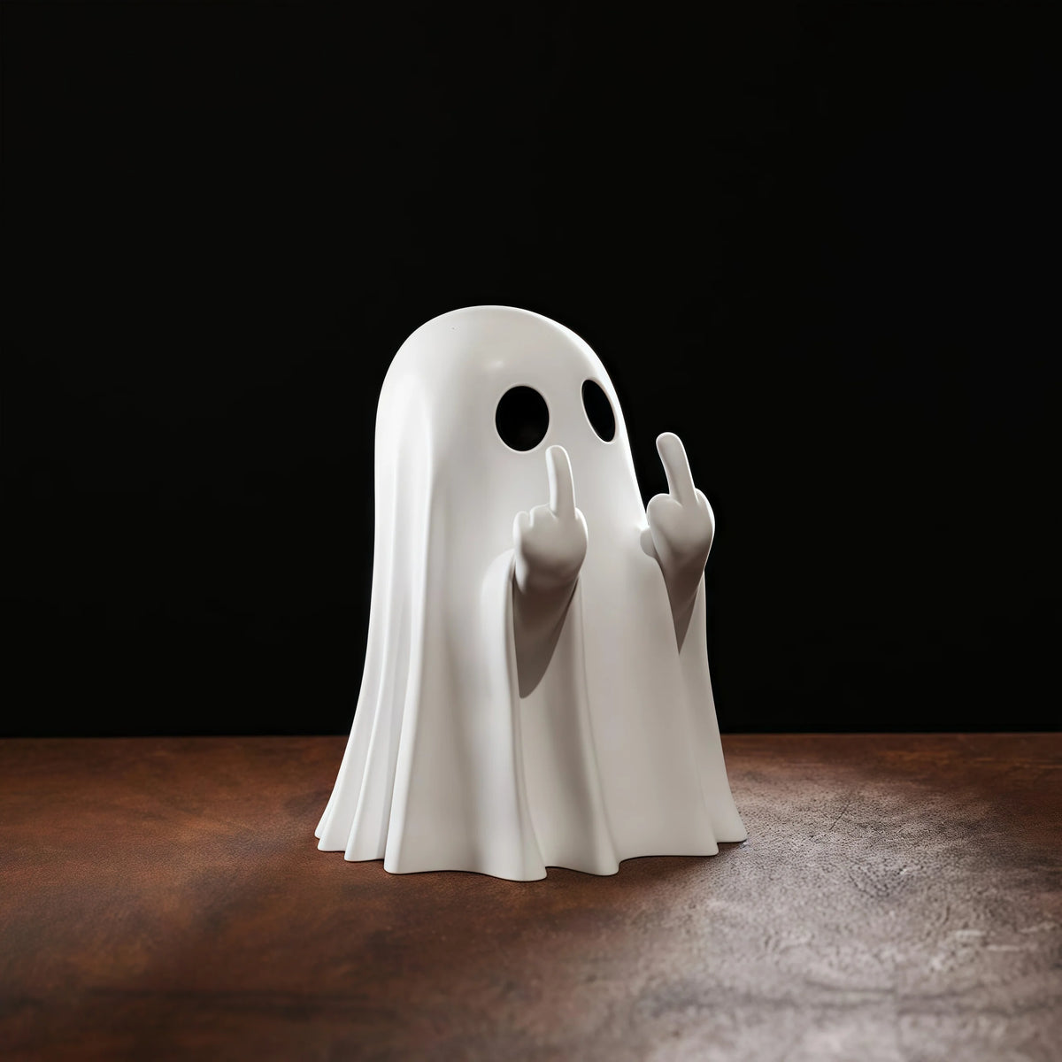 Middle Finger Ghost Figurine – white ghost raising two middle fingers on a wooden table