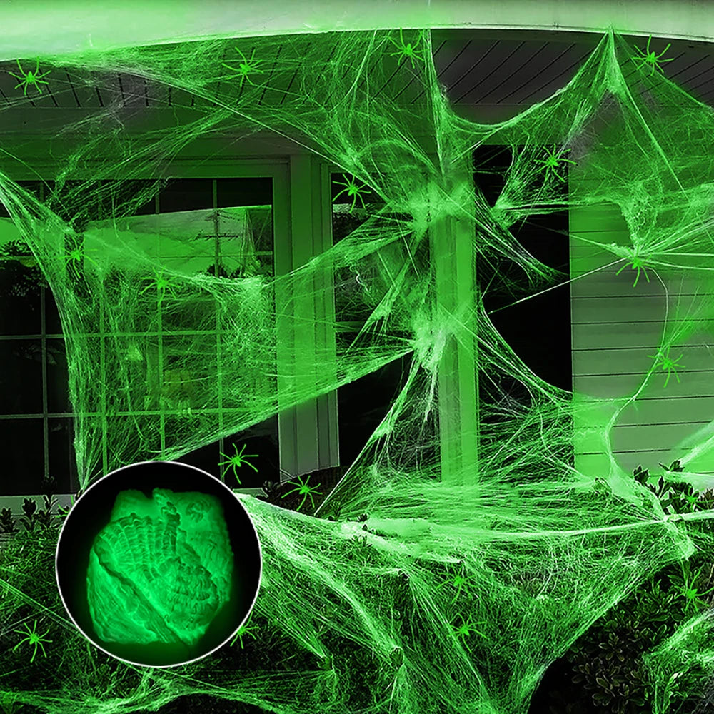 Glow-in-the-Dark Spider Web – front porch covered in green glowing cobwebs at night