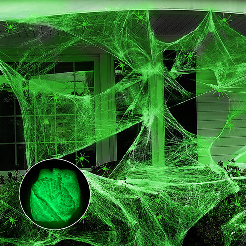 Glow-in-the-Dark Spider Web – front porch covered in green glowing cobwebs at night