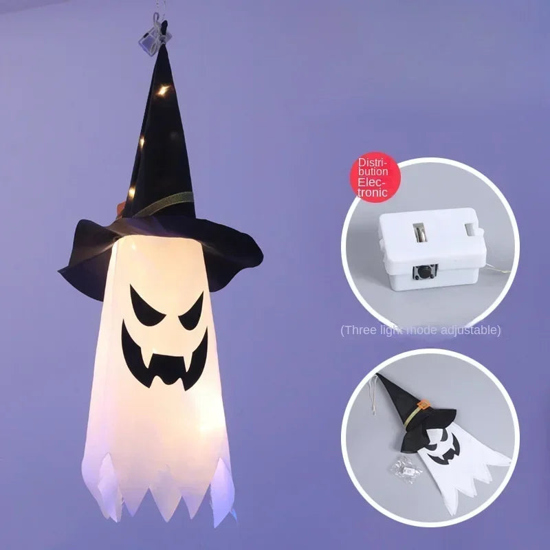 Light-Up Hanging Ghosts – witch hat ghost with warm white light and its battery box