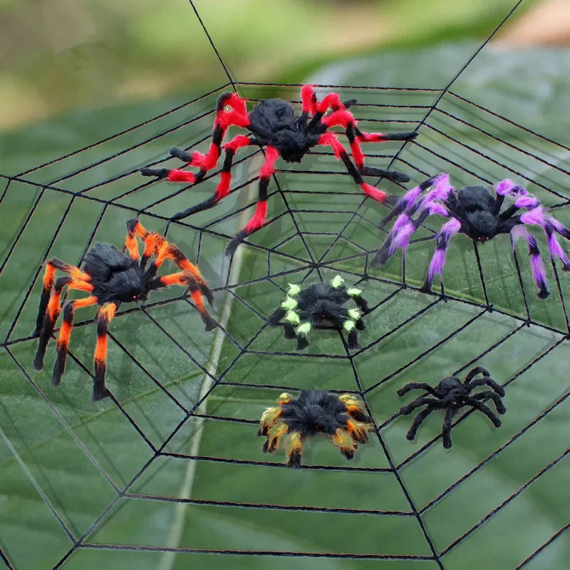 Giant Halloween Spider Web – black web with colorful plush spiders (spiders sold separately)