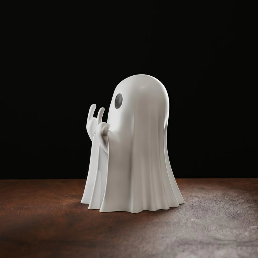 Middle Finger Ghost Figurine – side view of the white ghost and its raised hands
