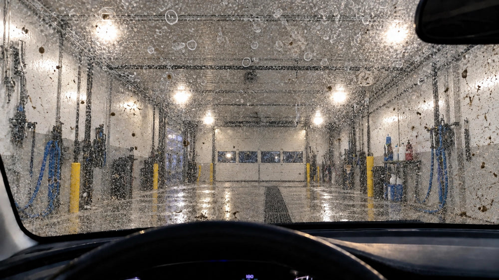 Car glass with water spots, before cleaning