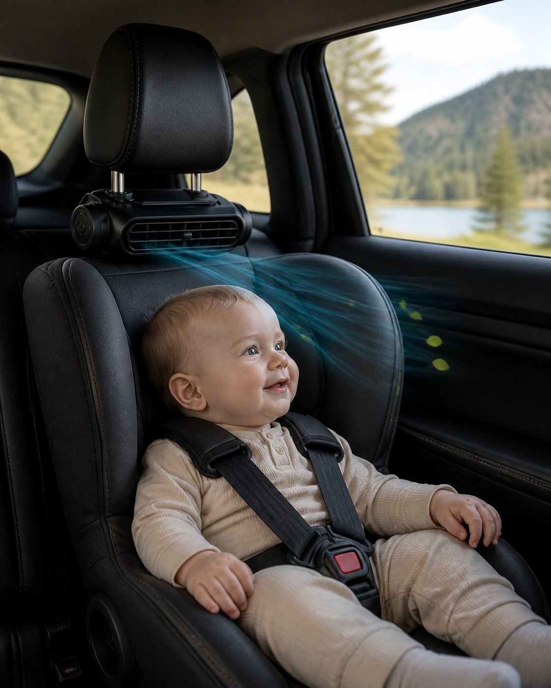 A child in the back seat with NivoDrive mounted on the headrest in front