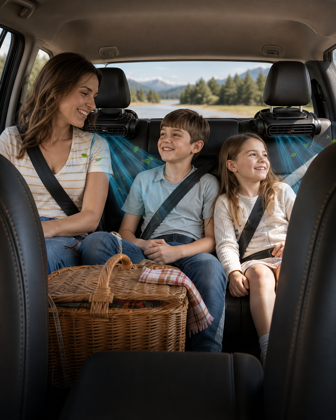 A family on a weekend drive with the fan running behind the front seats